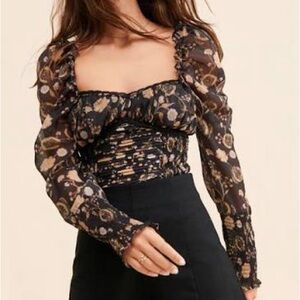 Free People Floral Black Pattern Women's Top
